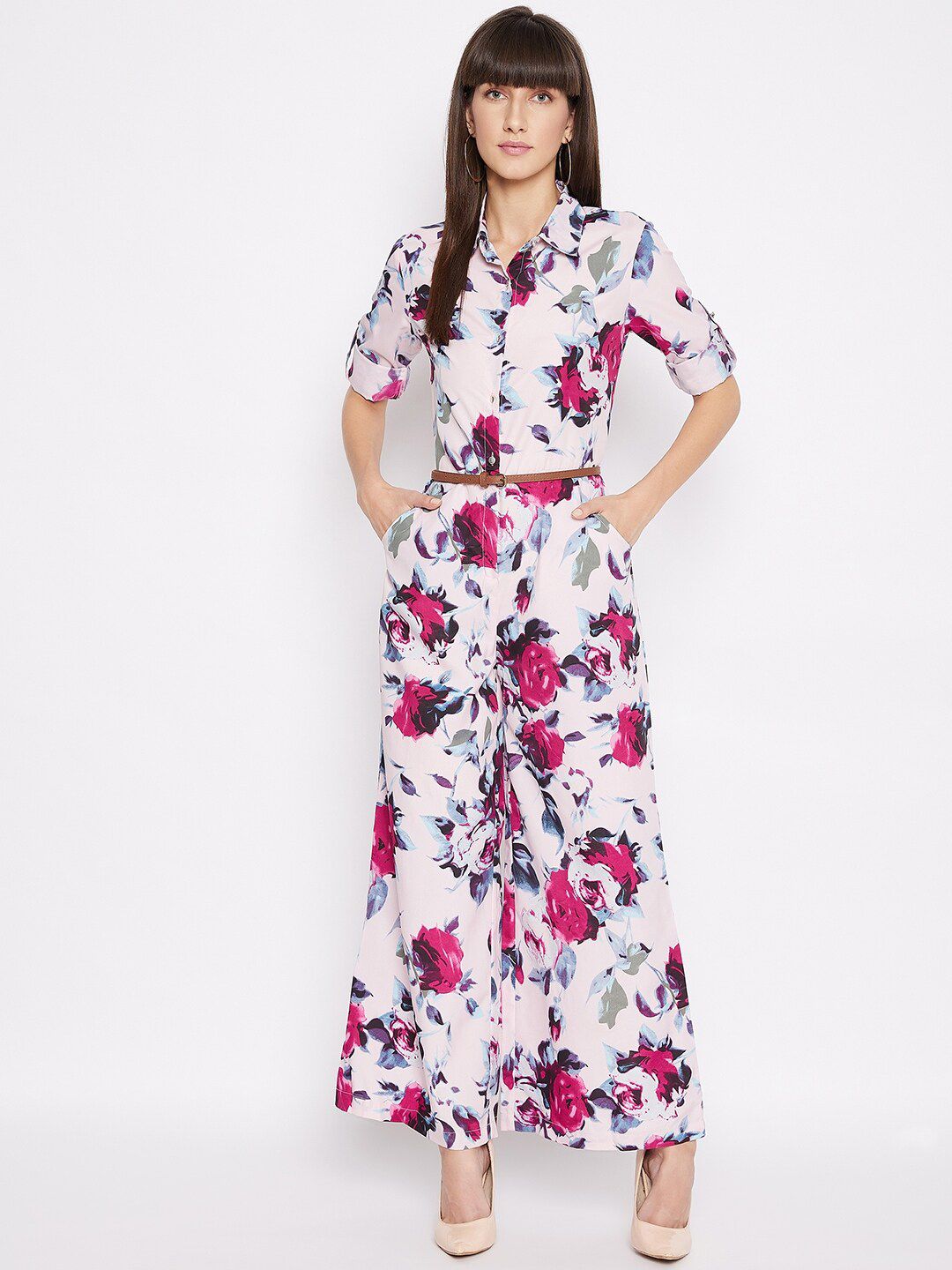 PURYS Women Pink & White Floral Printed Basic Jumpsuit Price in India