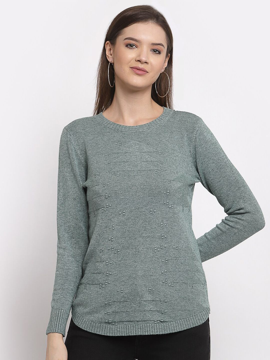 Mafadeny Women Green Self Design Pullover Sweater Price in India
