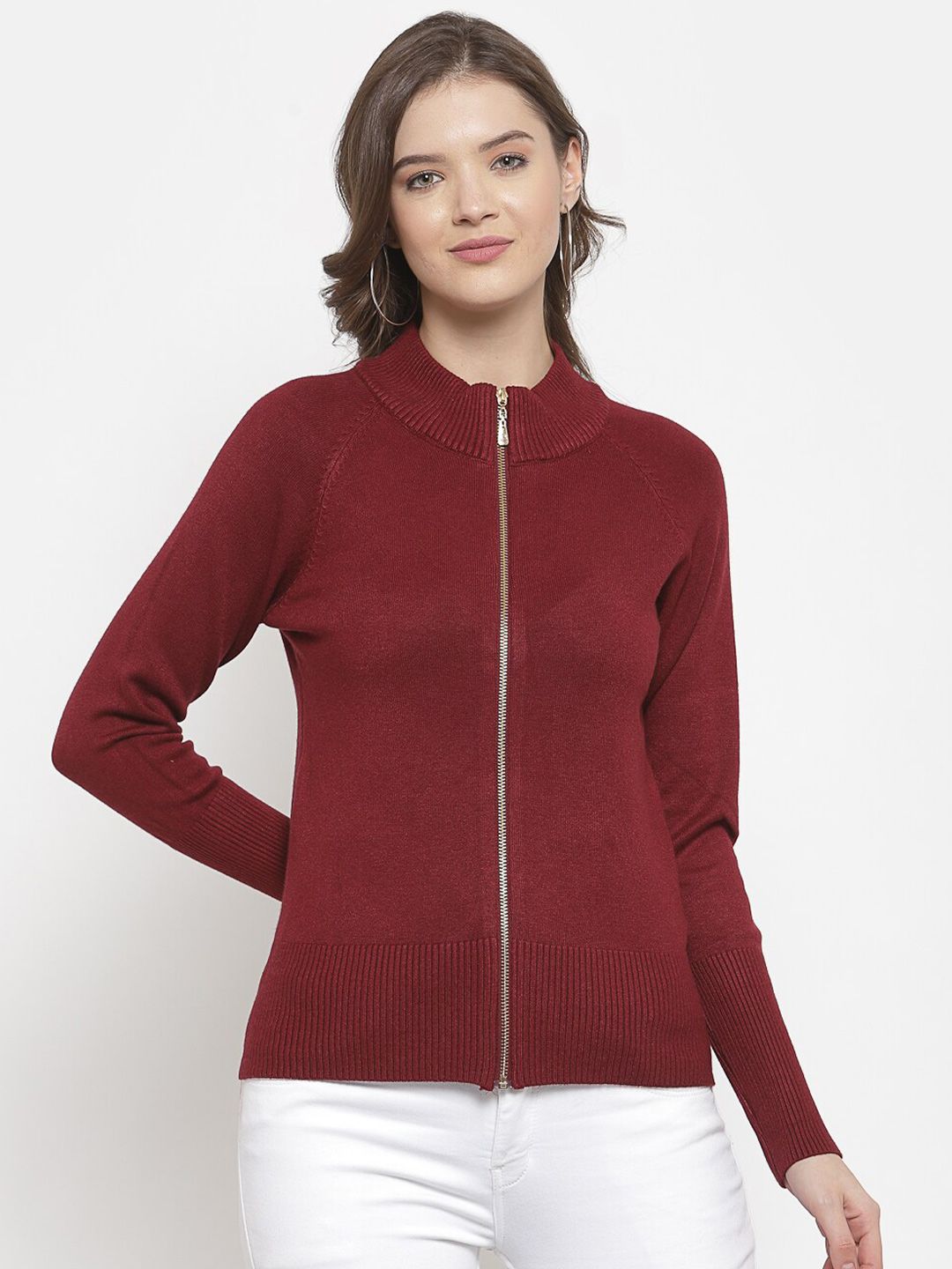 Mafadeny Women Maroon Solid Front-Open Sweater Price in India
