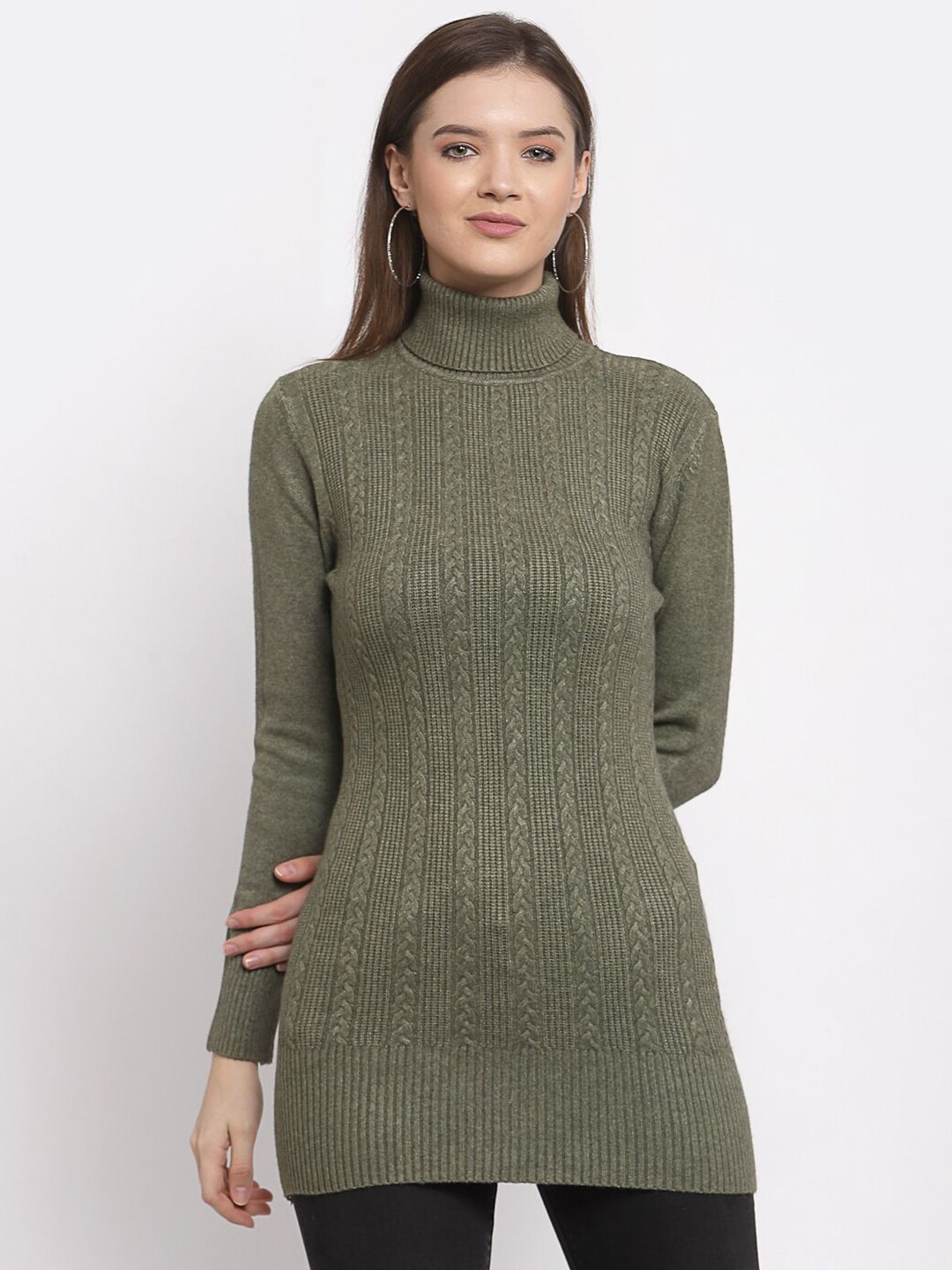 Mafadeny Women Green Turtle Neck Long Cable Knit Sweater Price in India