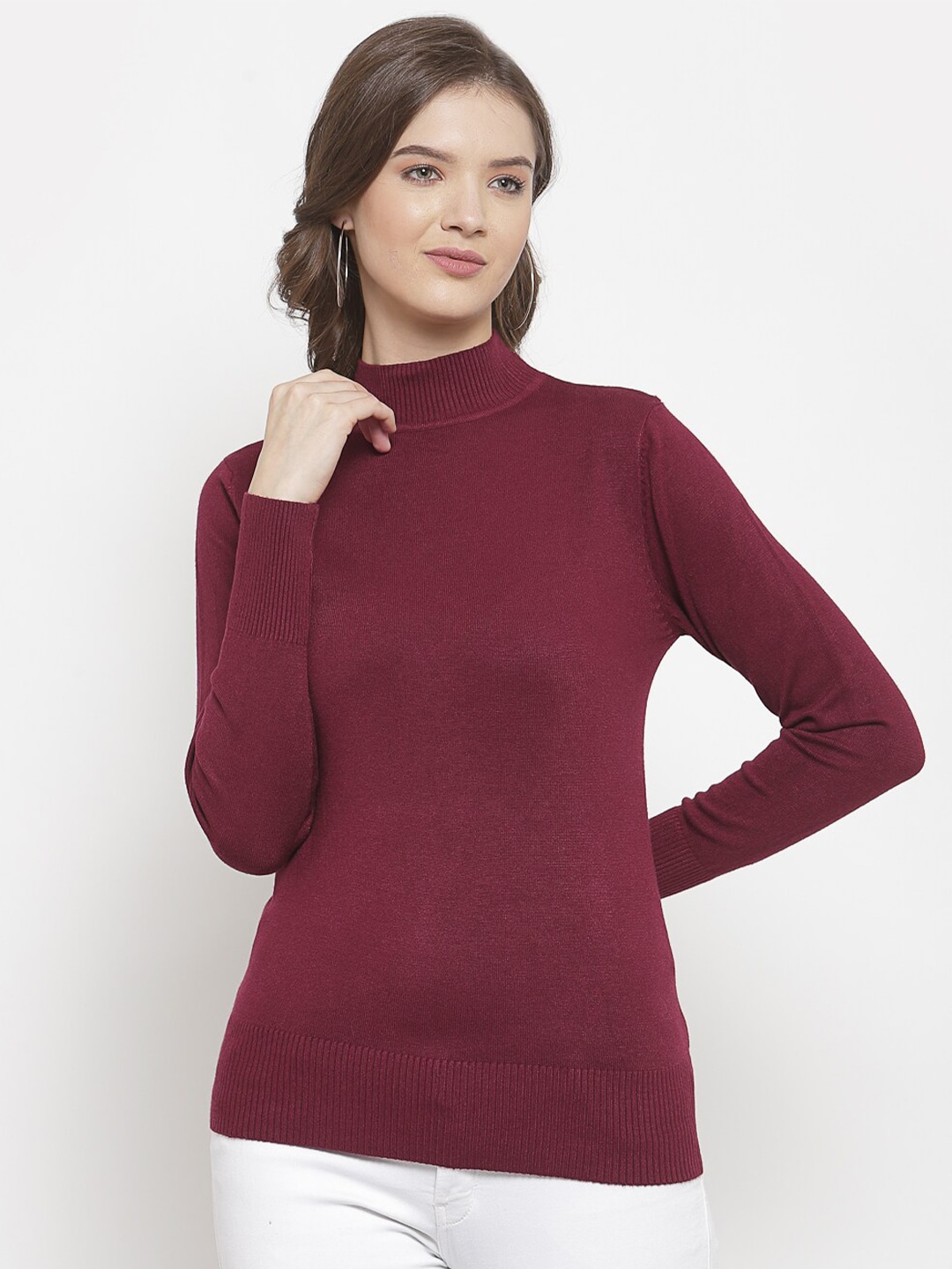 Mafadeny Women Maroon Solid Turtle Neck Knitted Pullover Price in India