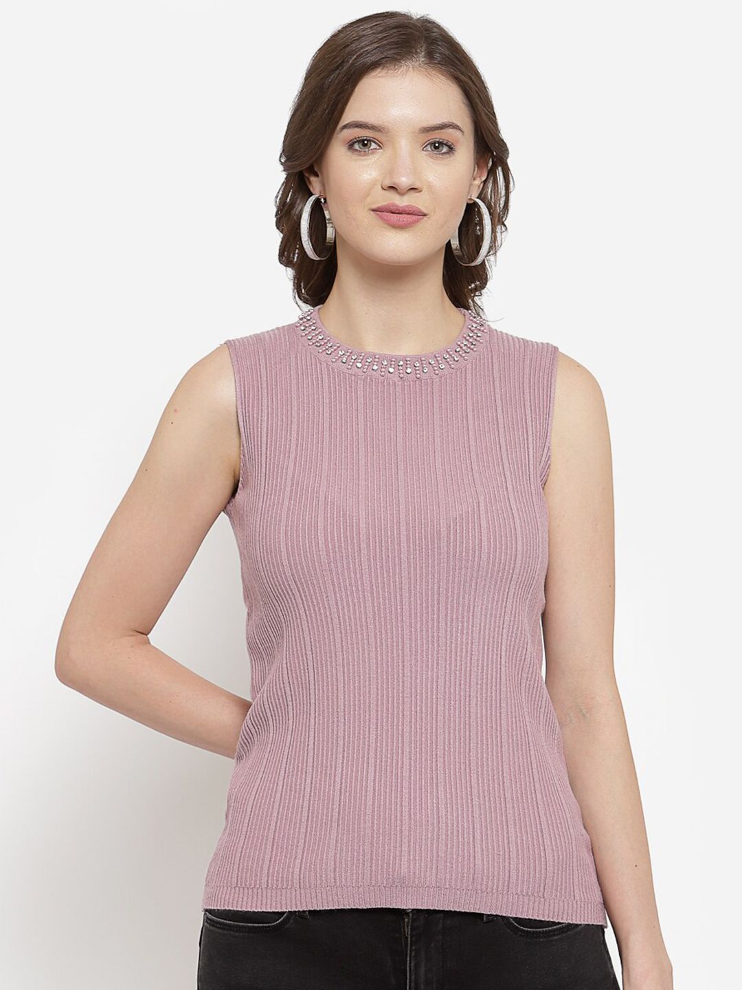 Mafadeny Women Pink Striped & Embellished Woollen Top Price in India