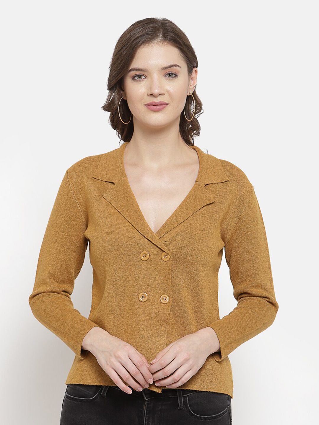 Mafadeny Women Mustard Solid Front-Open Sweater Price in India
