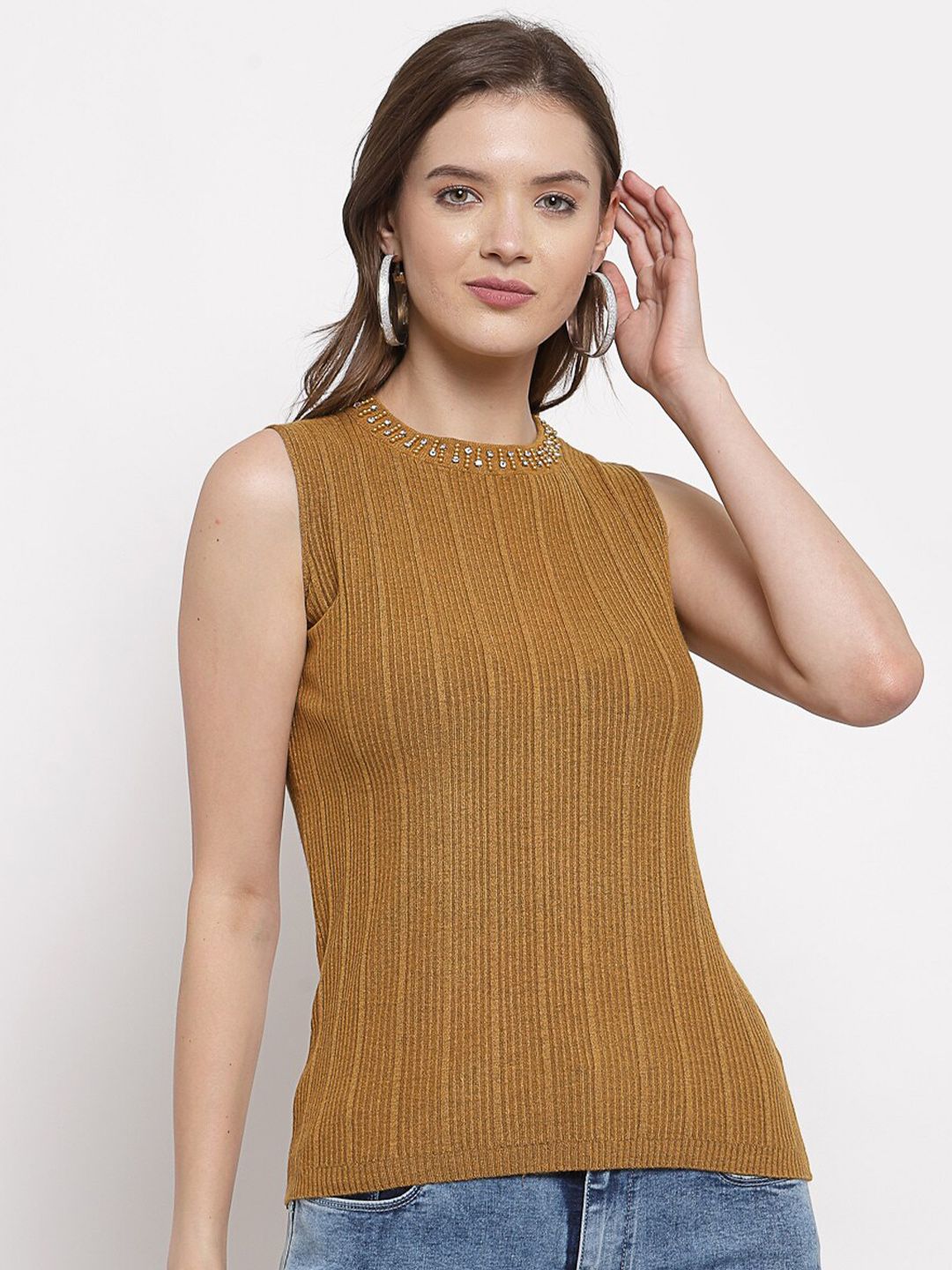 Mafadeny Women Mustard Striped Pullover with Embellished Detail Price in India