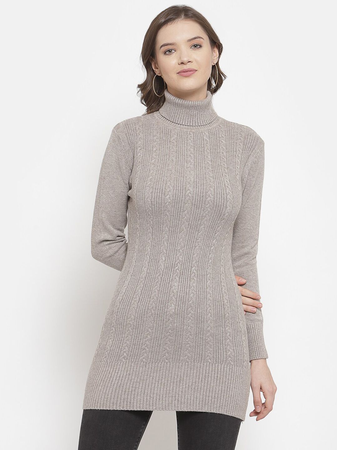 Mafadeny Women Mauve Cable Knit Longline Pullover Price in India