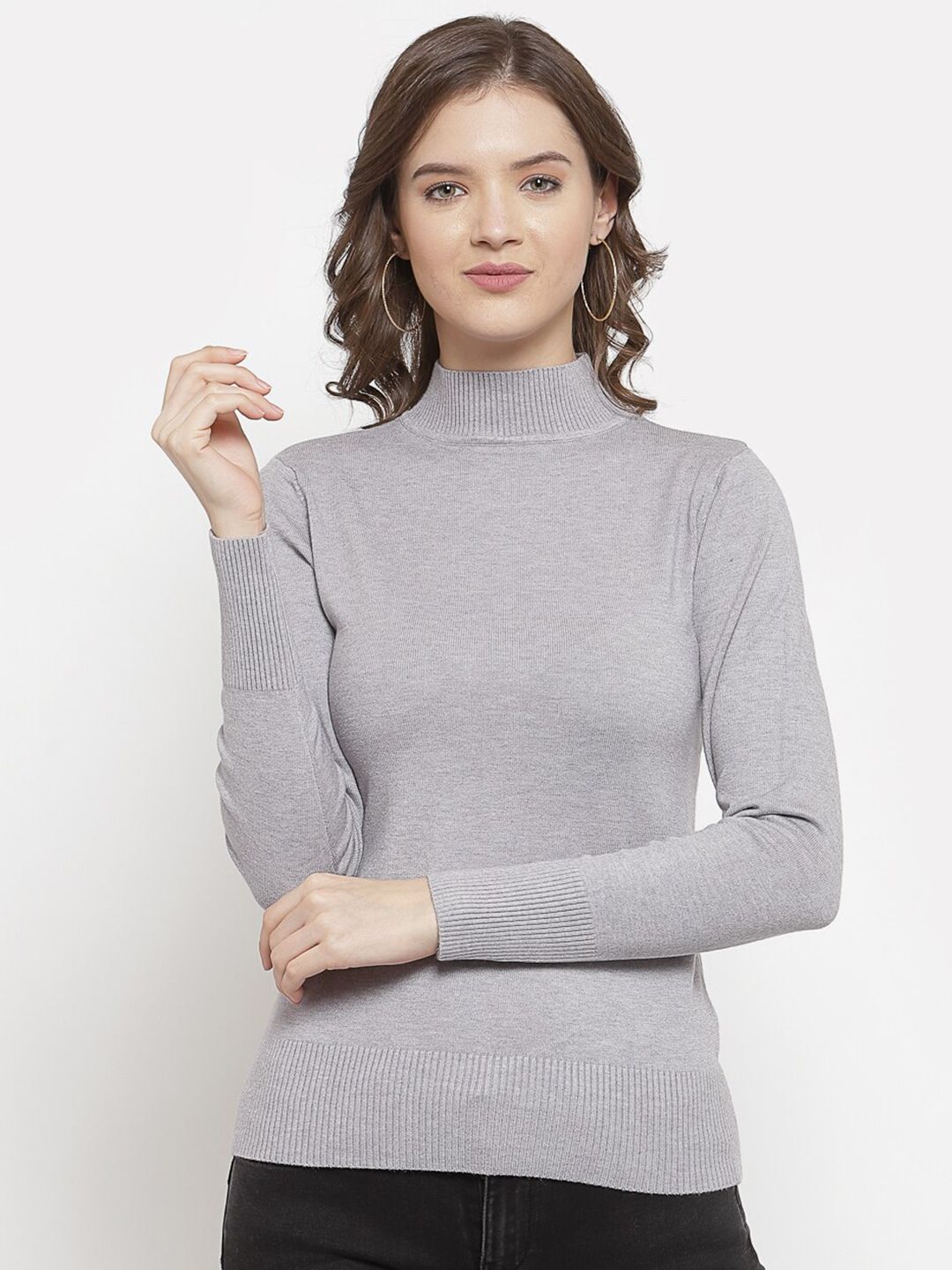 Mafadeny Women Grey Solid Turtle Neck Knitted Pullover Price in India