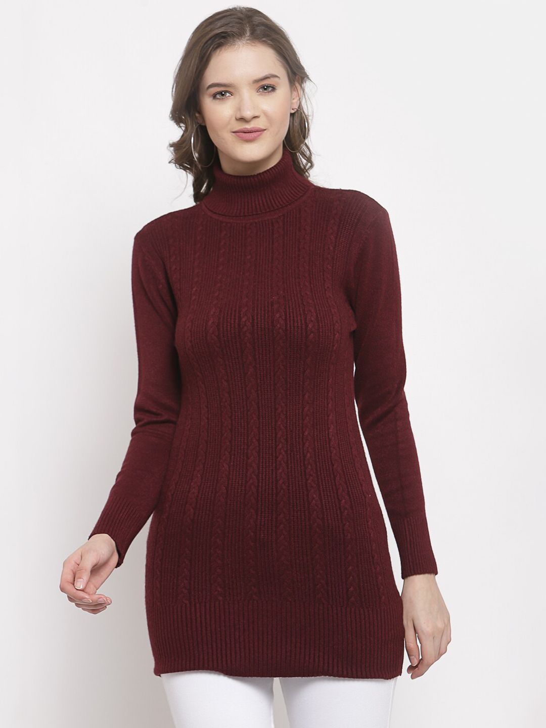 Mafadeny Women Maroon Cable Knit Longline Pullover Price in India