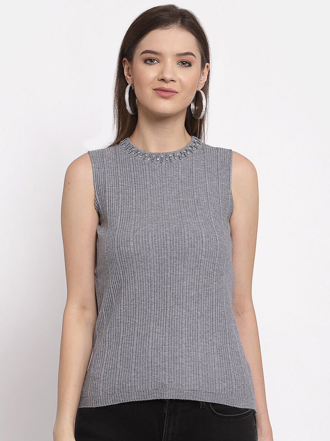 Mafadeny Women Grey Pullover with Embellished Detail Price in India