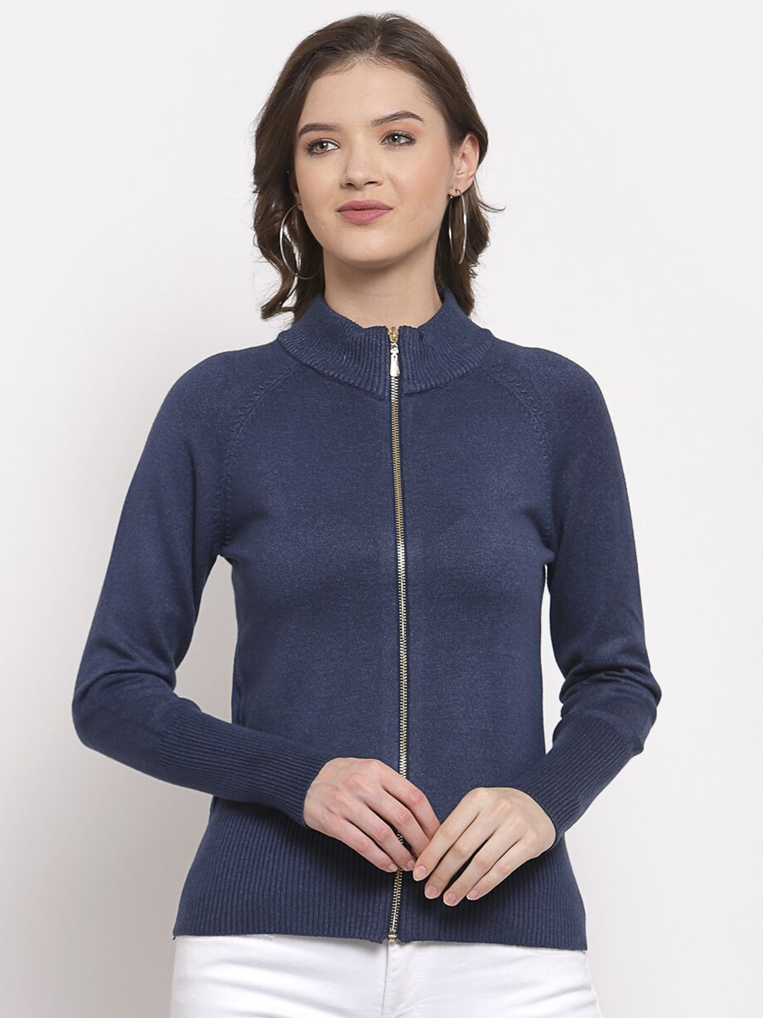 Mafadeny Women Blue Front-Open with Zip Detail Sweater Price in India