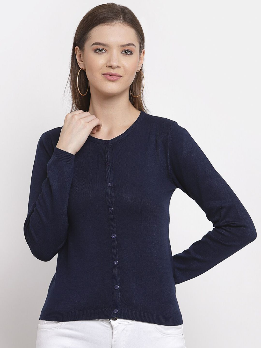 Mafadeny Women Navy Blue Solid Cardigan Price in India