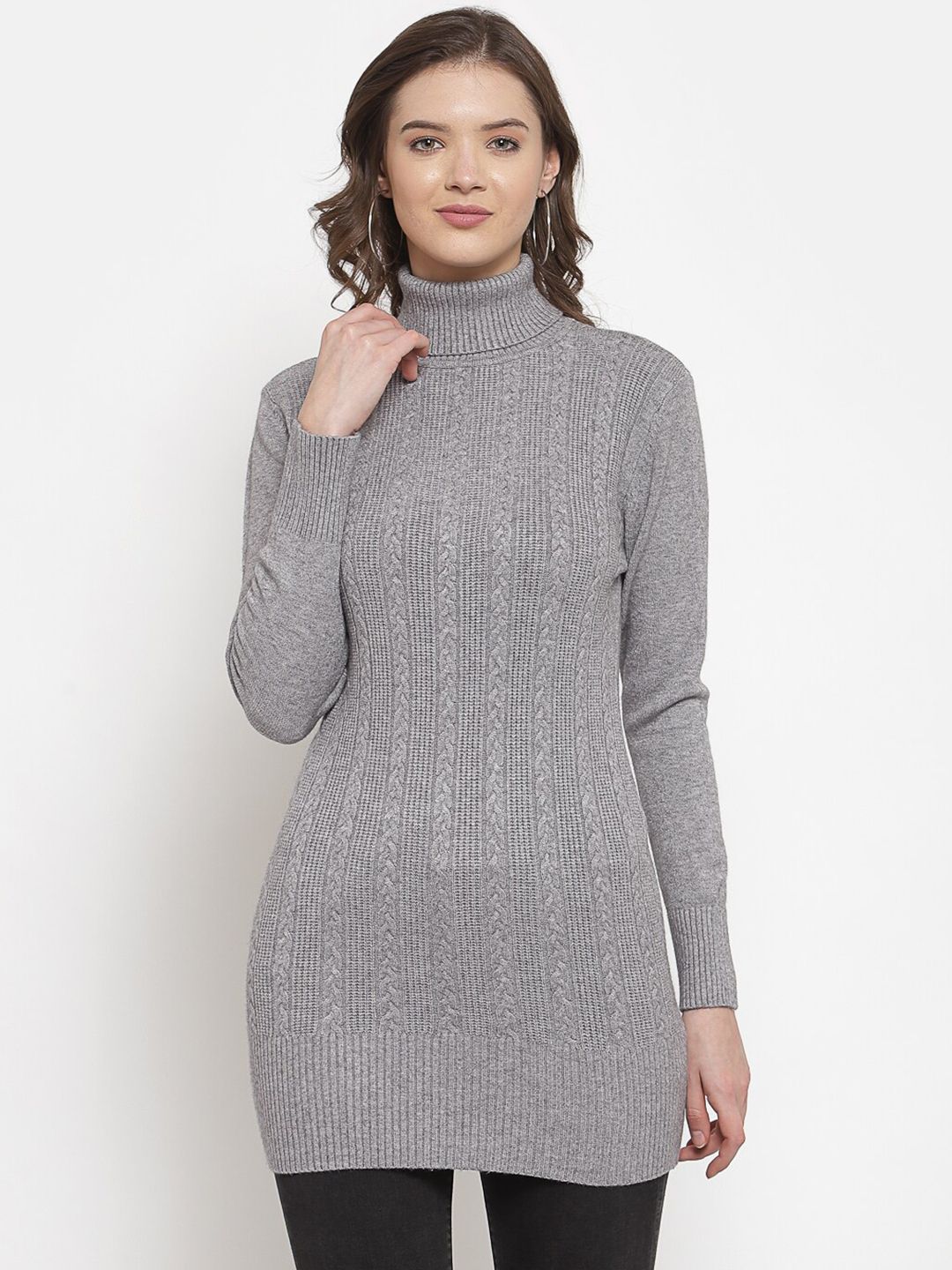 Mafadeny Women Grey Long Turtle Neck Cable Knit Sweater Price in India