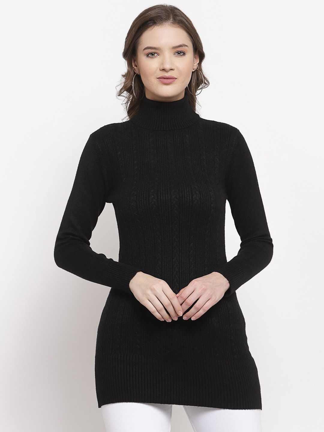 Mafadeny Women Black Cable Knit Longline Pullover Price in India