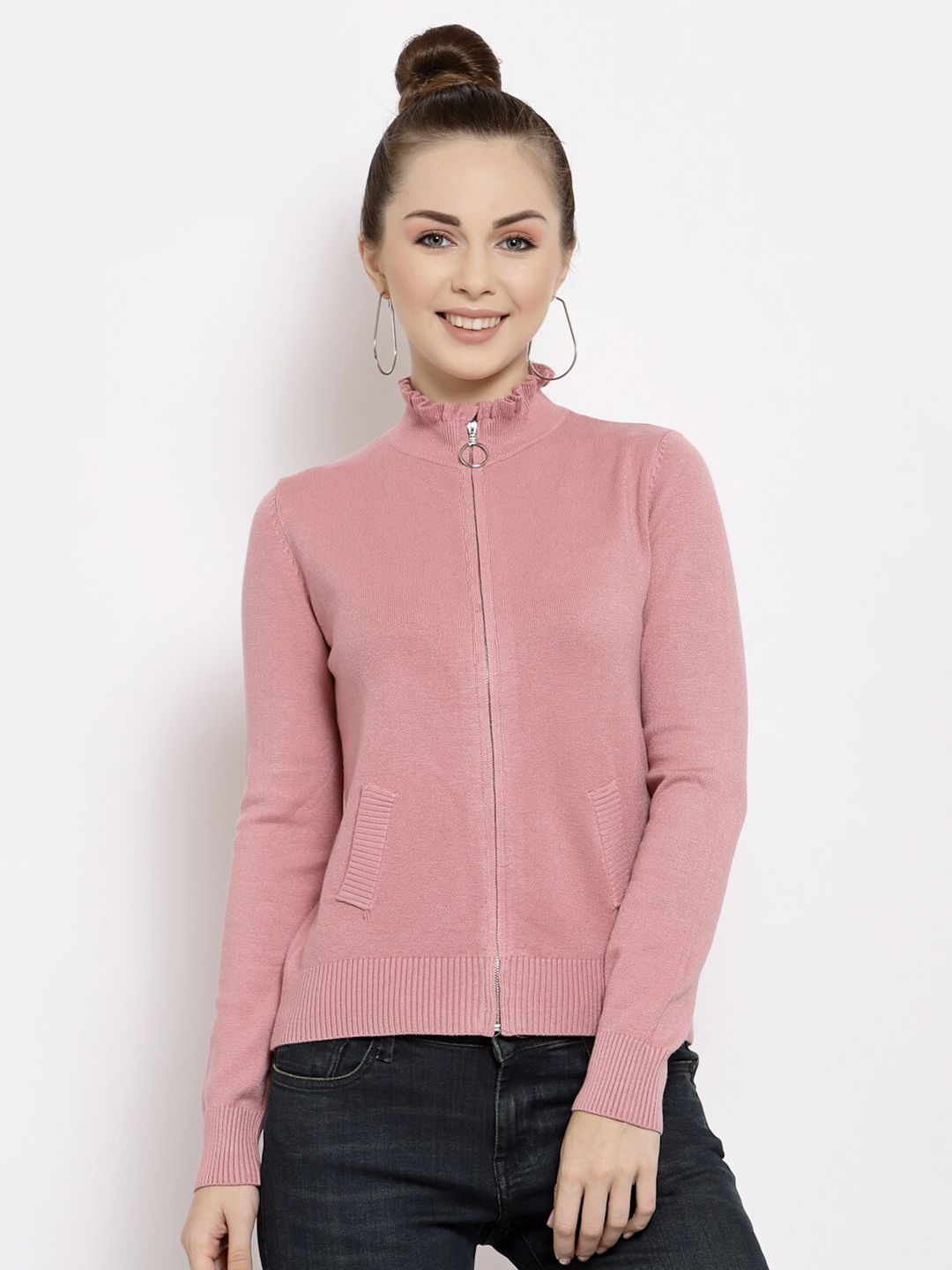 Mafadeny Women Pink Solid Turtle Neck Front Open Cardigan Price in India