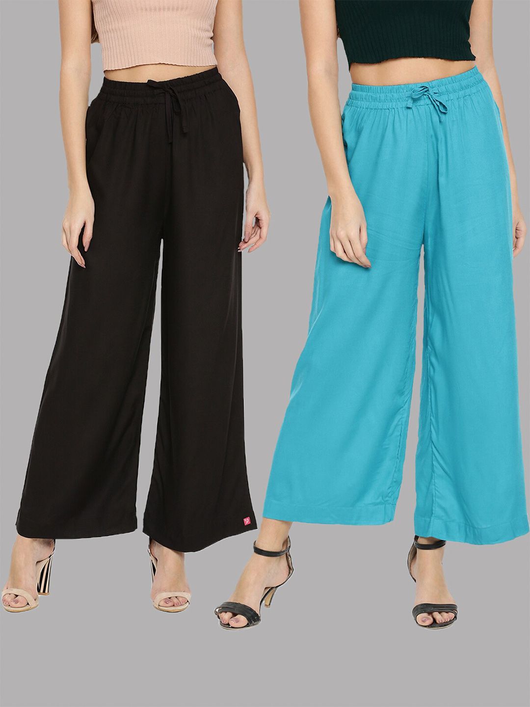 TWIN BIRDS Women Pack of 2 Black & Turquoise Blue Solid Wide Leg Palazzos Price in India