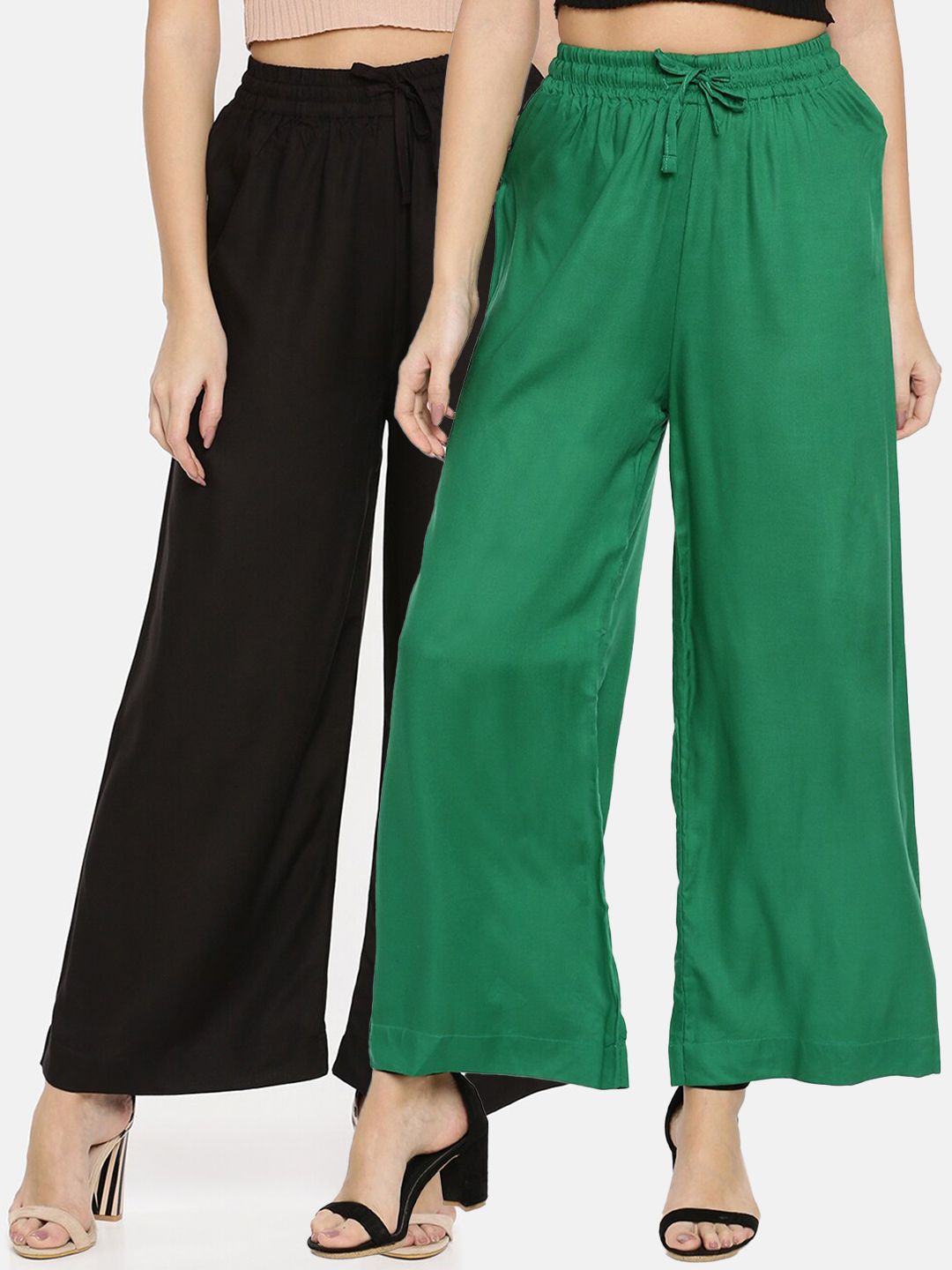 TWIN BIRDS Women Pack of 2 Black & Green Solid Wide Leg Palazzos Price in India