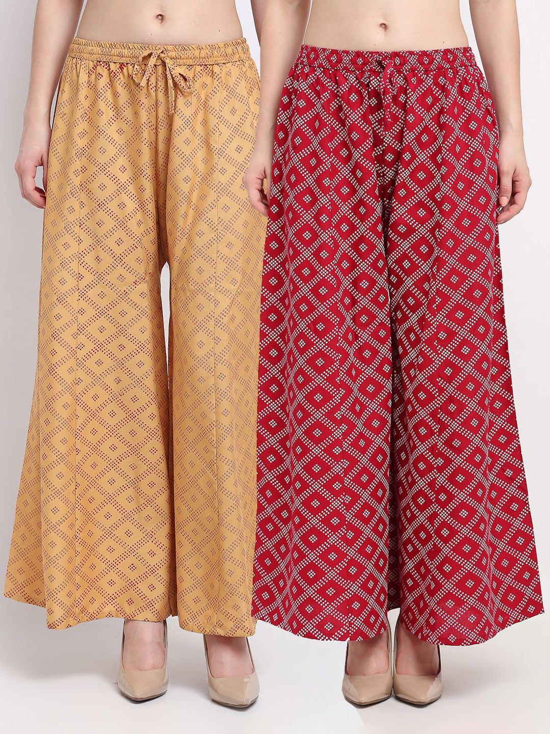 GRACIT Women Beige & Maroon Printed Flared Palazzos Pack of 2 Price in India