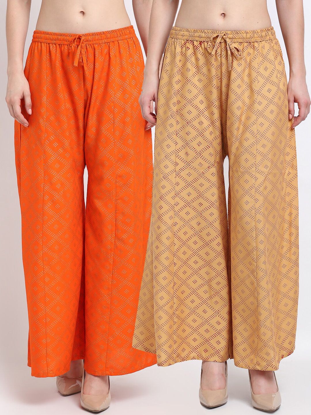 GRACIT Women Orange & Beige Printed Flared Knitted Palazzos Pack of 2 Price in India