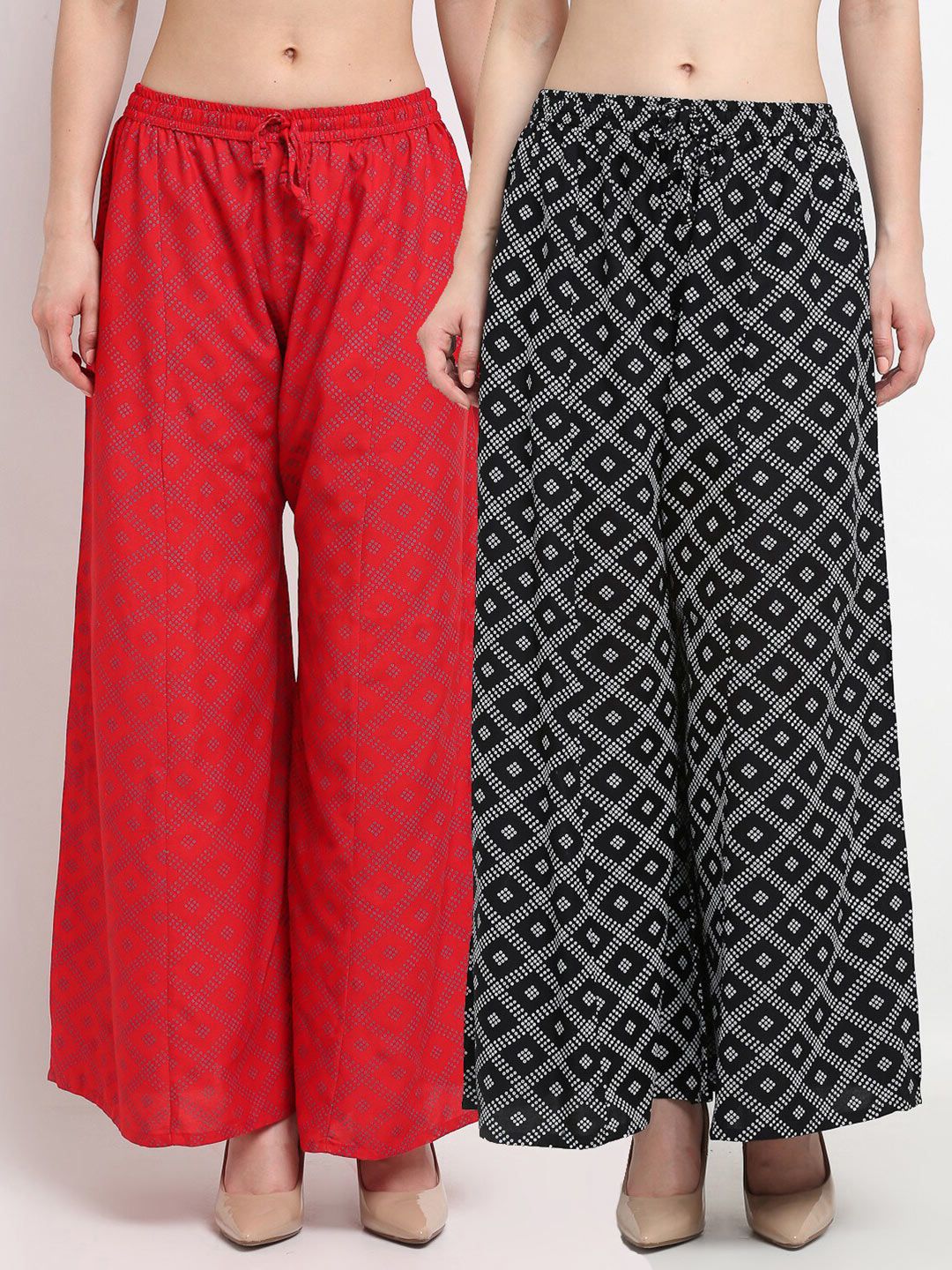 GRACIT Women Black & Red Printed Flared Knitted Palazzos pack of 2 Price in India