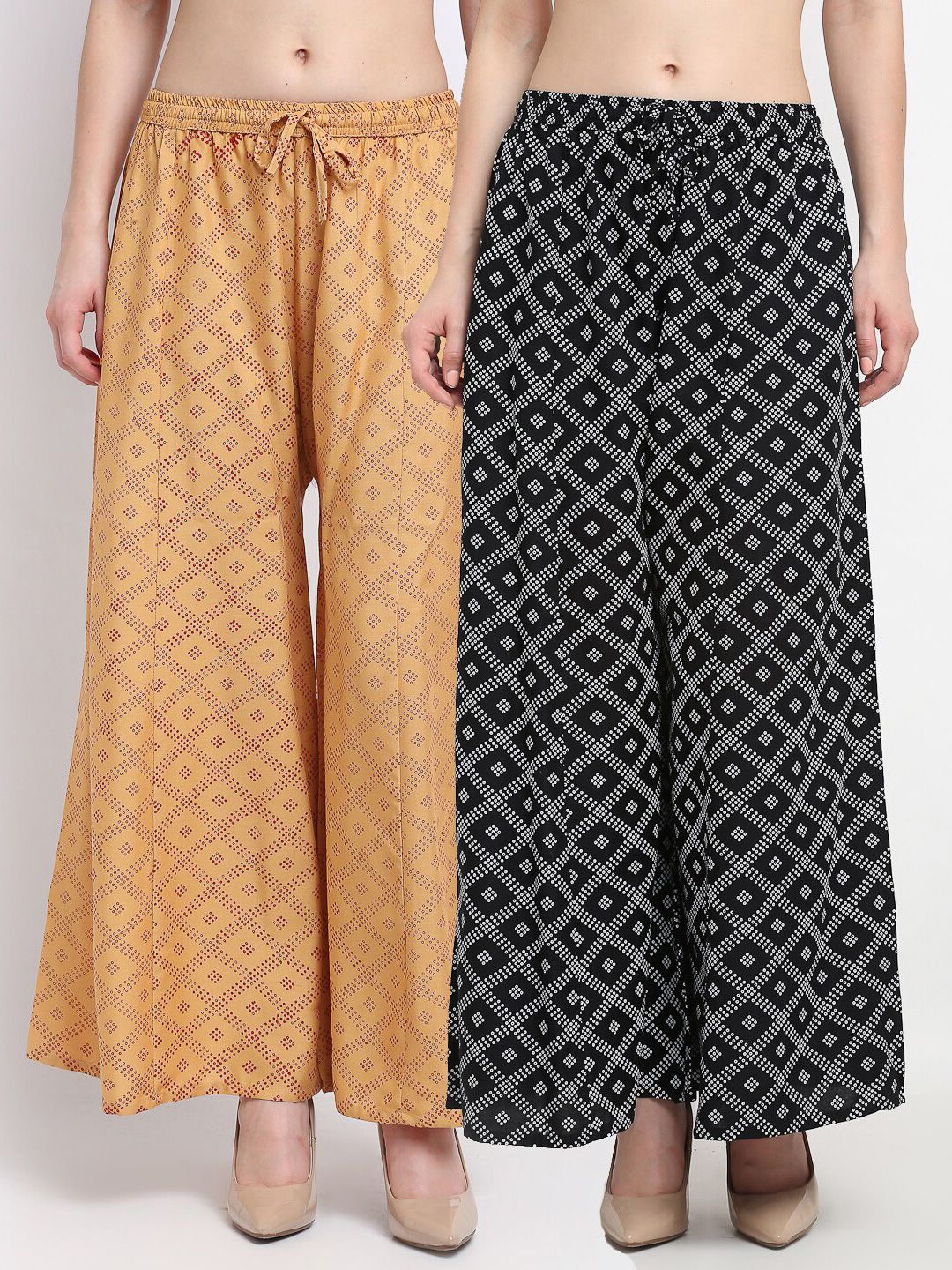 GRACIT Women Black & Beige Printed Flared Knitted Palazzos Pack of 2 Price in India