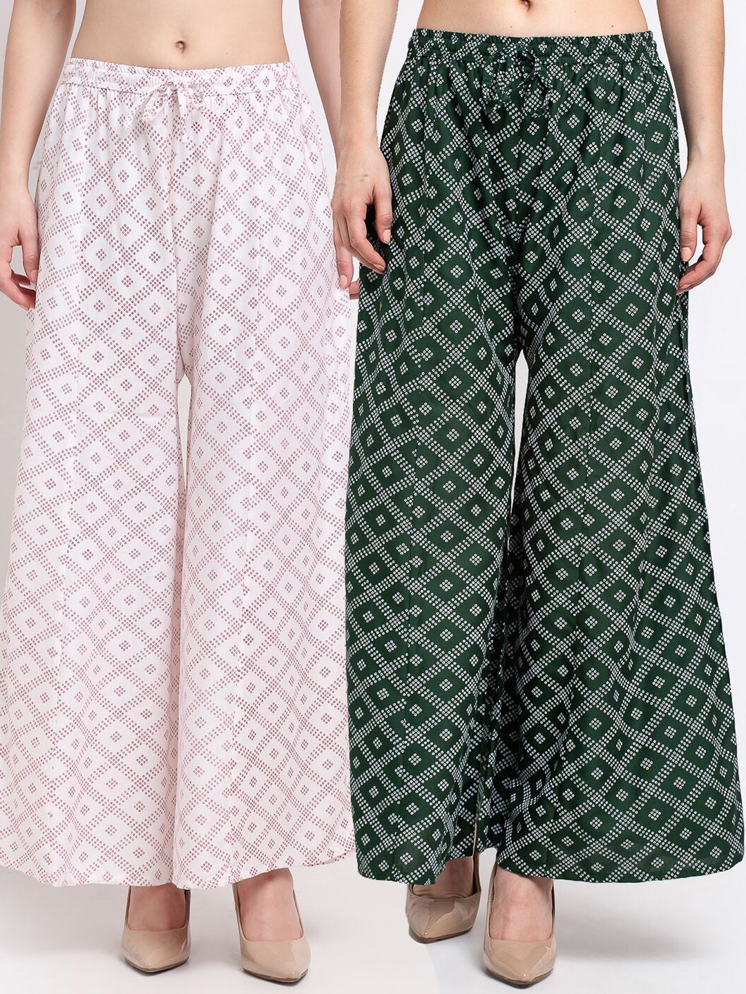 GRACIT Women White & Green Printed Flared Knitted Palazzos pack of 2 Price in India