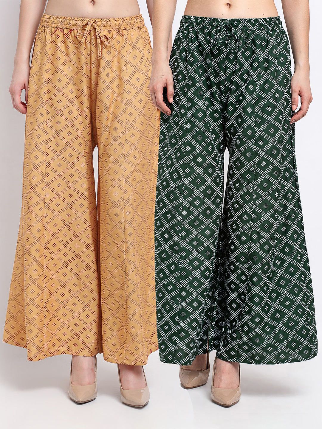 GRACIT Women Beige & Green 2 Printed Flared Knitted Palazzos Price in India