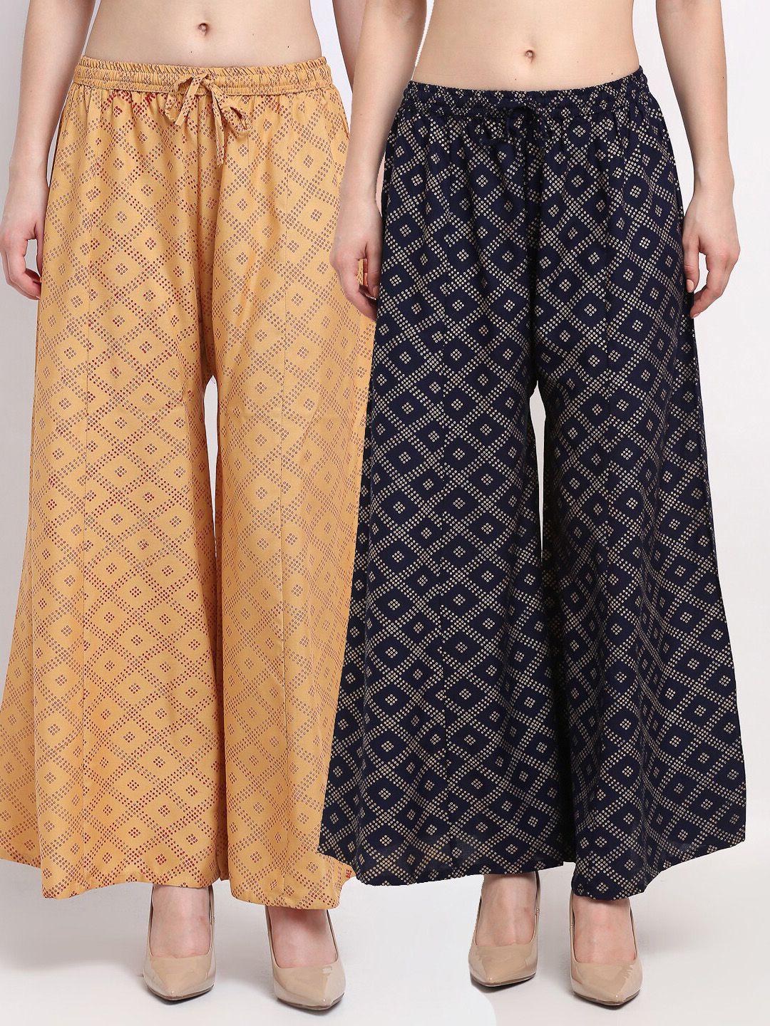 GRACIT Women Beige & Black 2 Printed Flared Palazzos