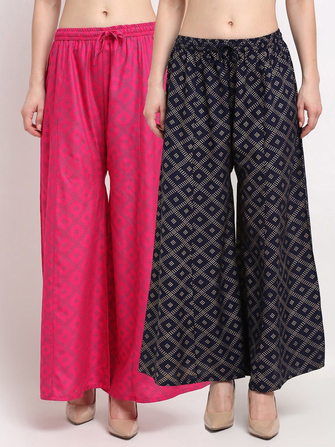 GRACIT Women Pink & Navy Blue Block Printed Flared Palazzos Pack of 2 Price in India