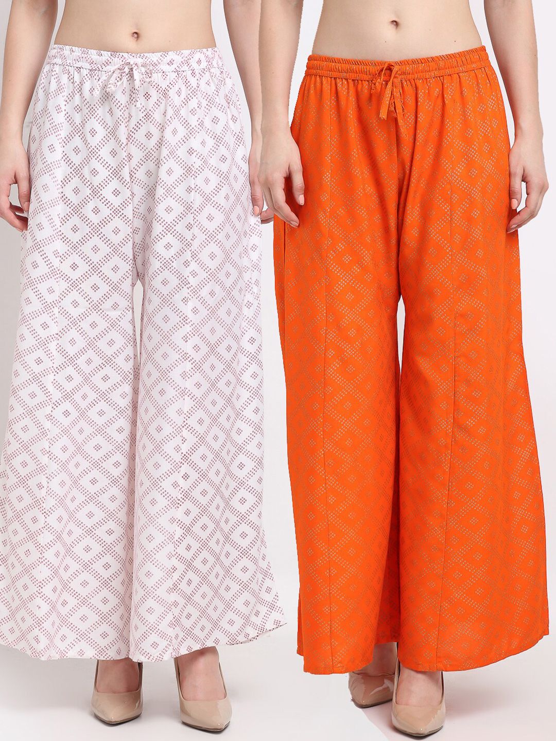 GRACIT Women White & Orange Printed Flared Palazzos Pack of 2 Price in India