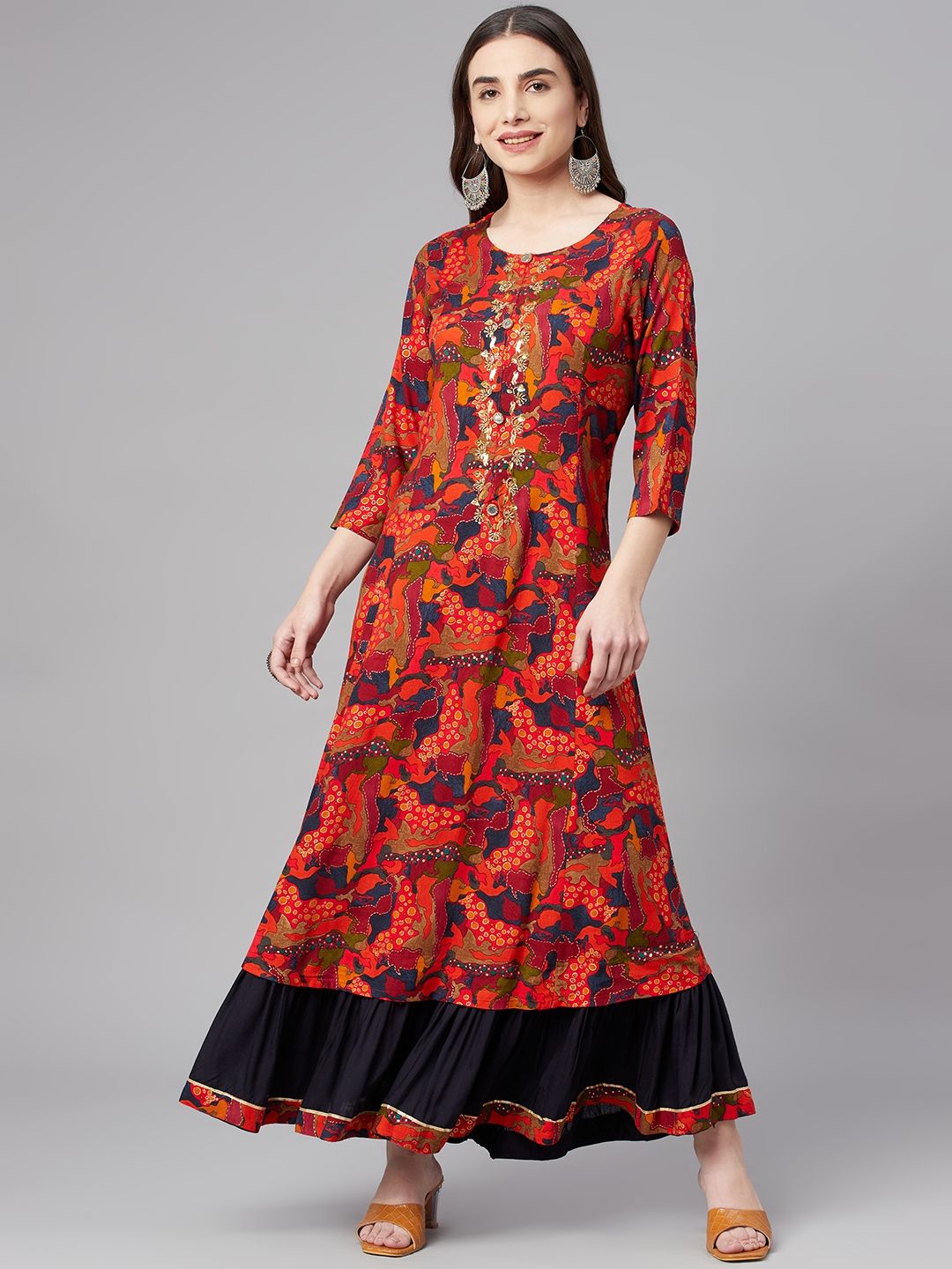 Nehamta Orange & Red Abstract Printed Maxi Dress Price in India