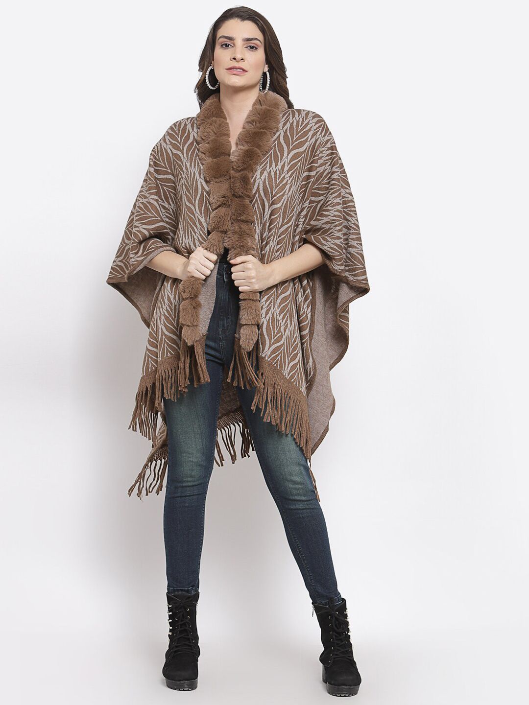 Mafadeny Women Brown & Grey Longline Poncho with Fringed Detail Price in India