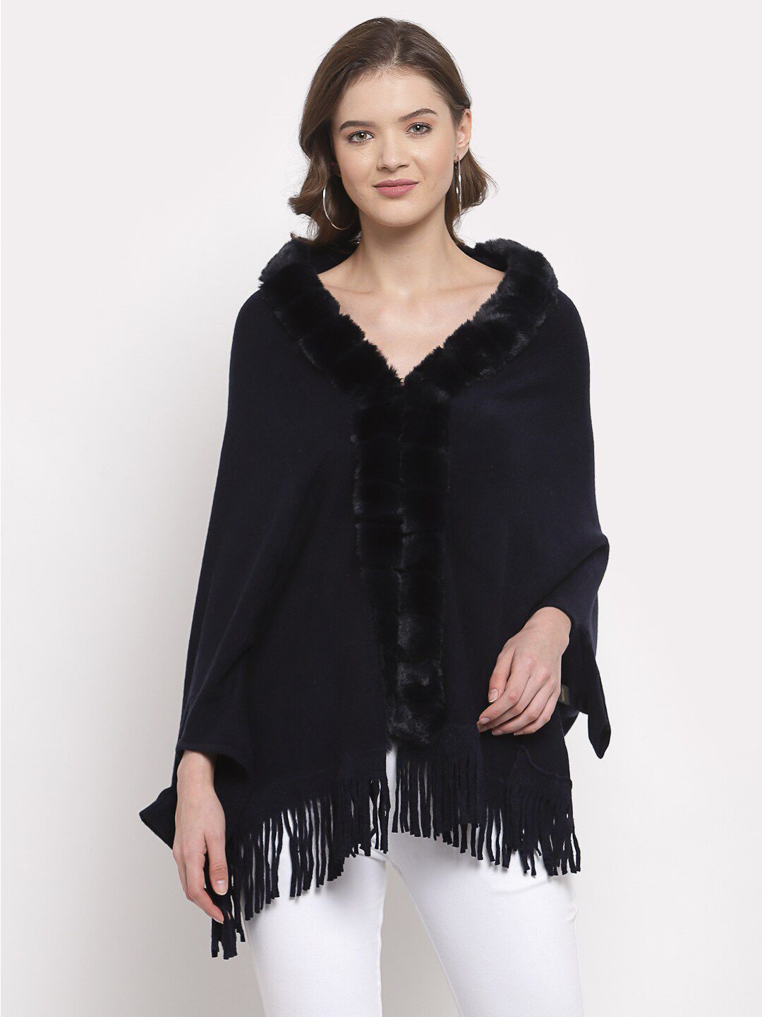 Mafadeny Women Blue & Black Longline Poncho Price in India