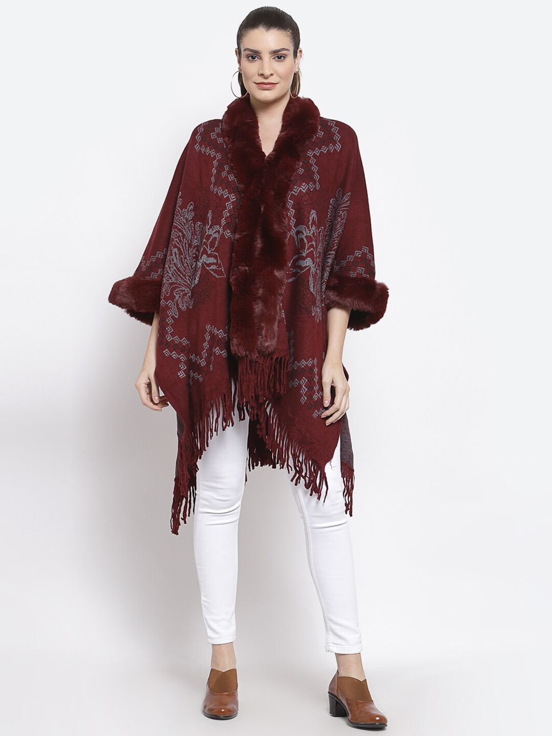 Mafadeny Women Maroon & Grey Floral Longline Poncho Price in India