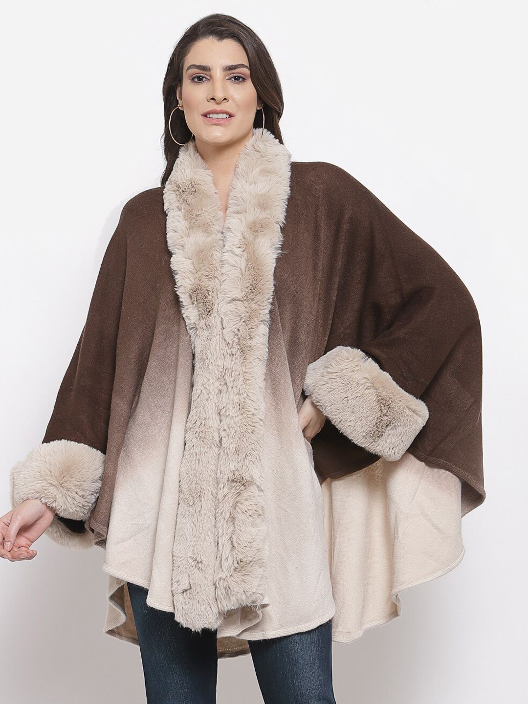 Mafadeny Women Brown Solid Fur Poncho Price in India