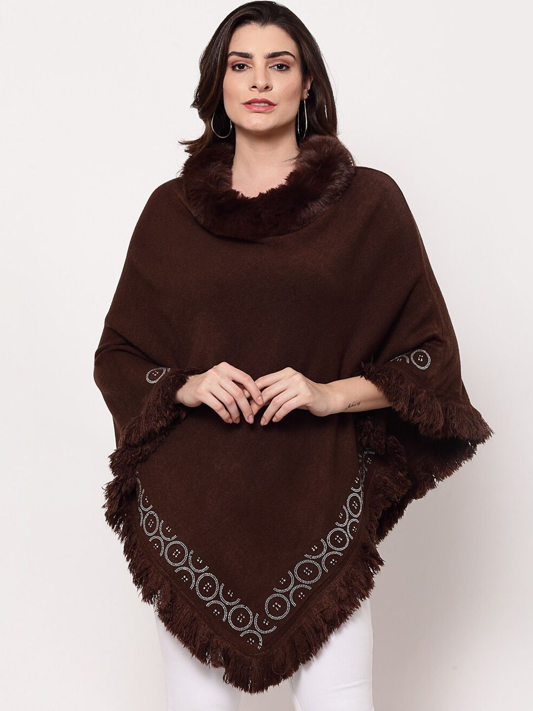 Mafadeny Women Brown Poncho with Fringed Detail Price in India
