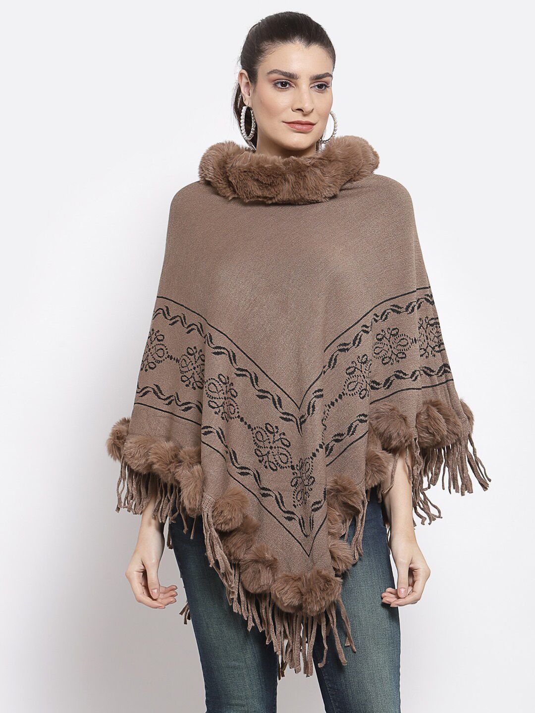 Mafadeny Women Khaki & BrownEthnic Self Design Longline Poncho With Fringed Detailing Price in India