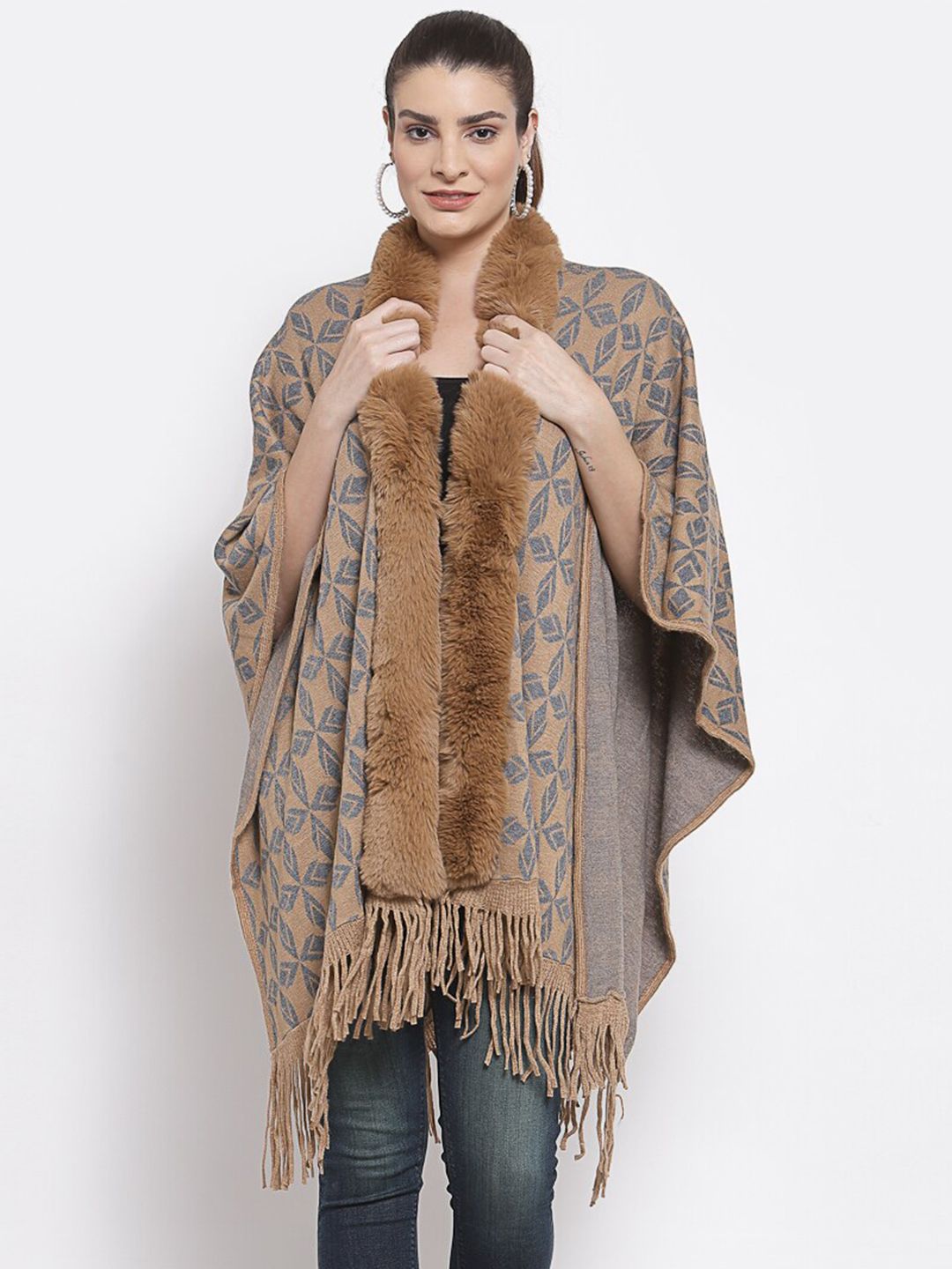 Mafadeny Women Beige & Blue Poncho Price in India