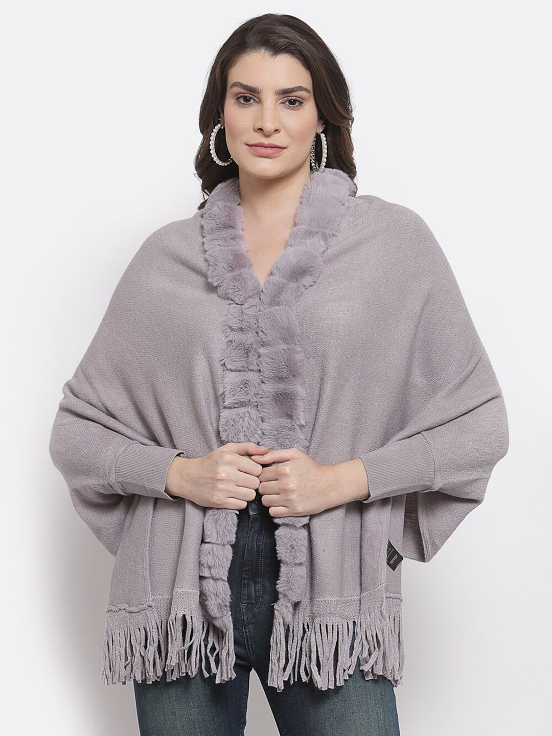 Mafadeny Women Grey Poncho with Fuzzy Detail Price in India