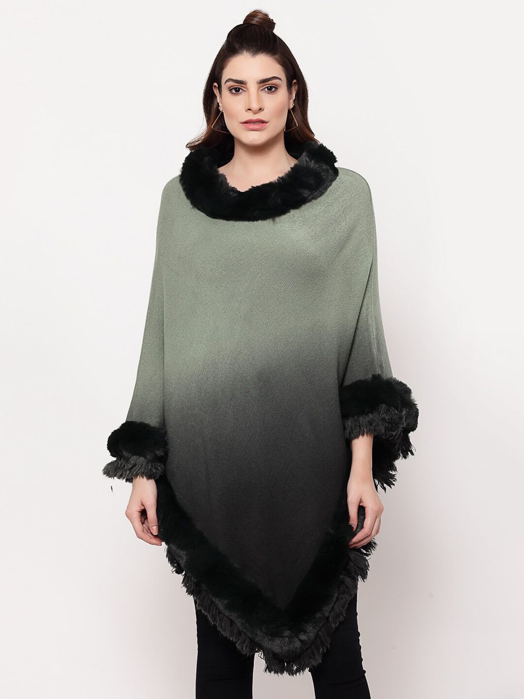 Mafadeny Women Grey & Black Fur Poncho Price in India