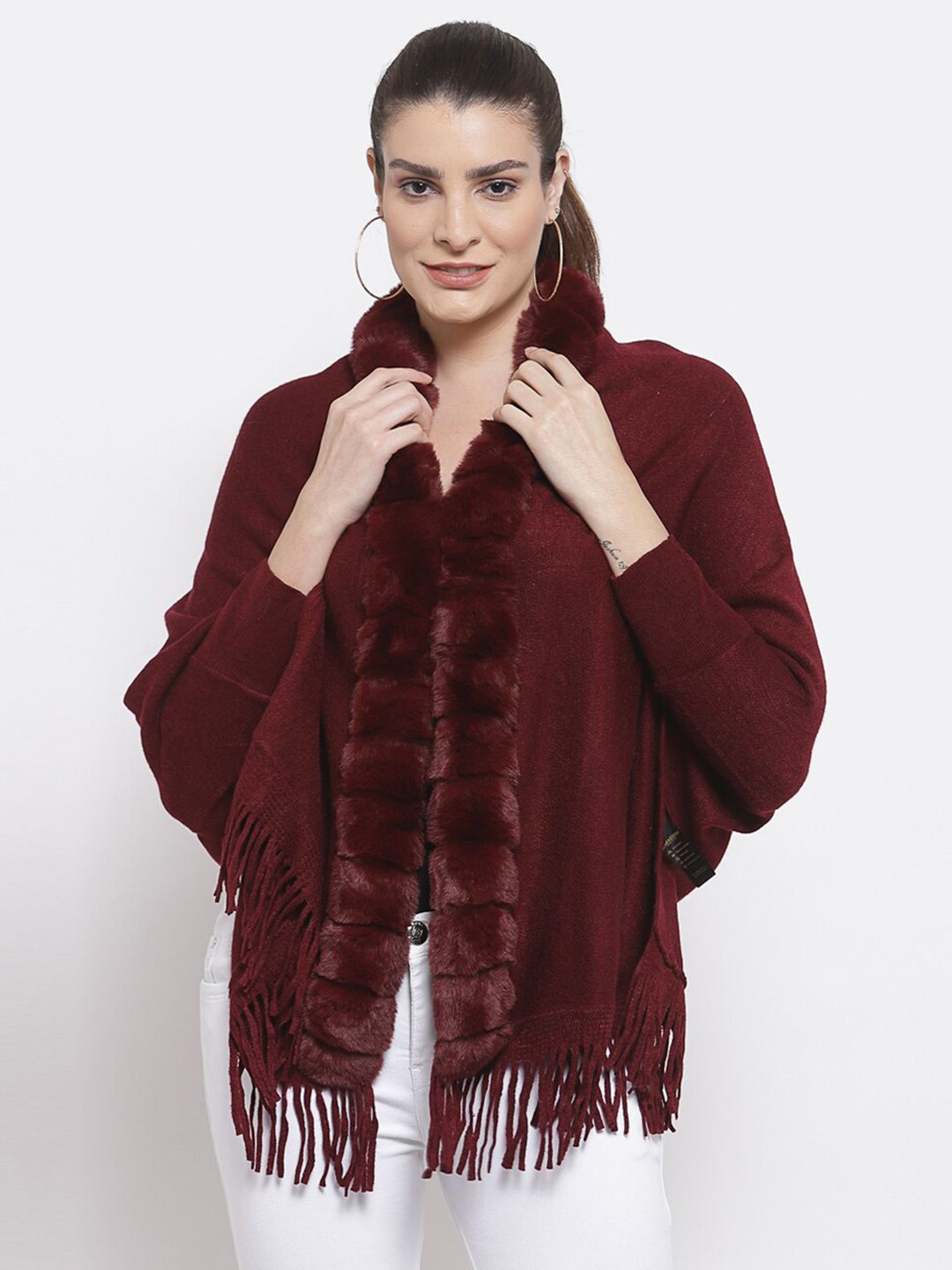 Mafadeny Women Maroon Solid Poncho with Fringed Detail Price in India