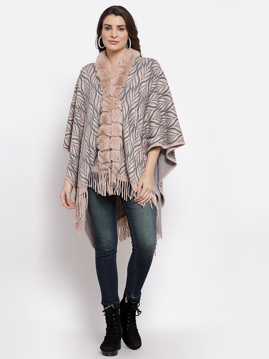 Mafadeny Women Peach-Coloured & Grey Floral Longline Poncho Price in India