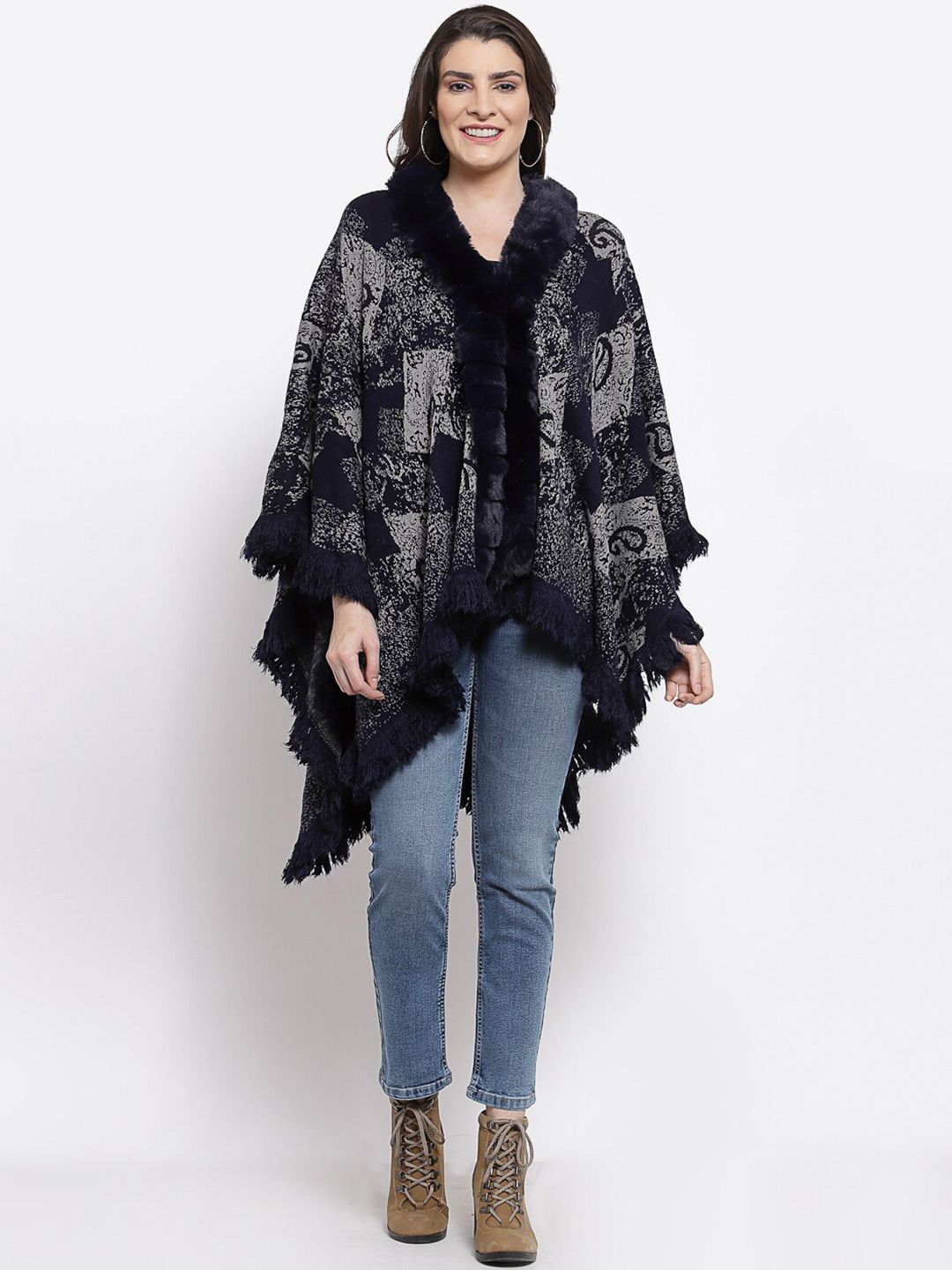 Mafadeny Women Navy Blue & Grey Asymmetric Poncho with Fringed Detail Price in India