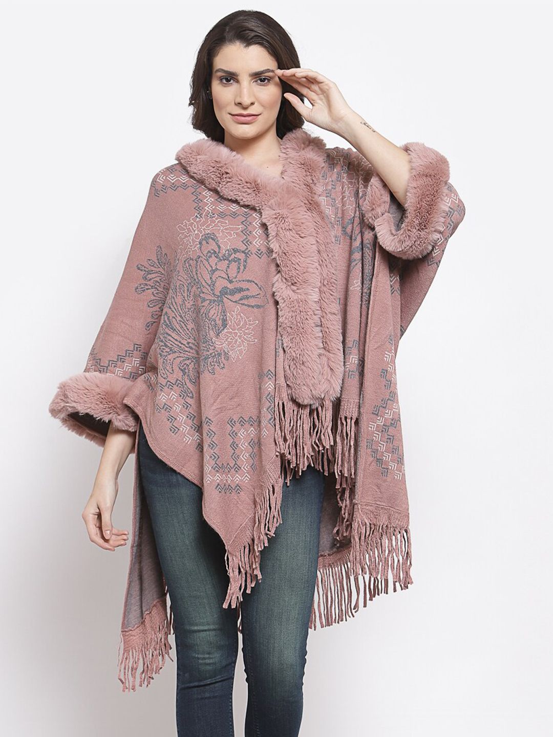 Mafadeny Women Peach& Grey Floral Printed Fringed Detail Poncho Price in India