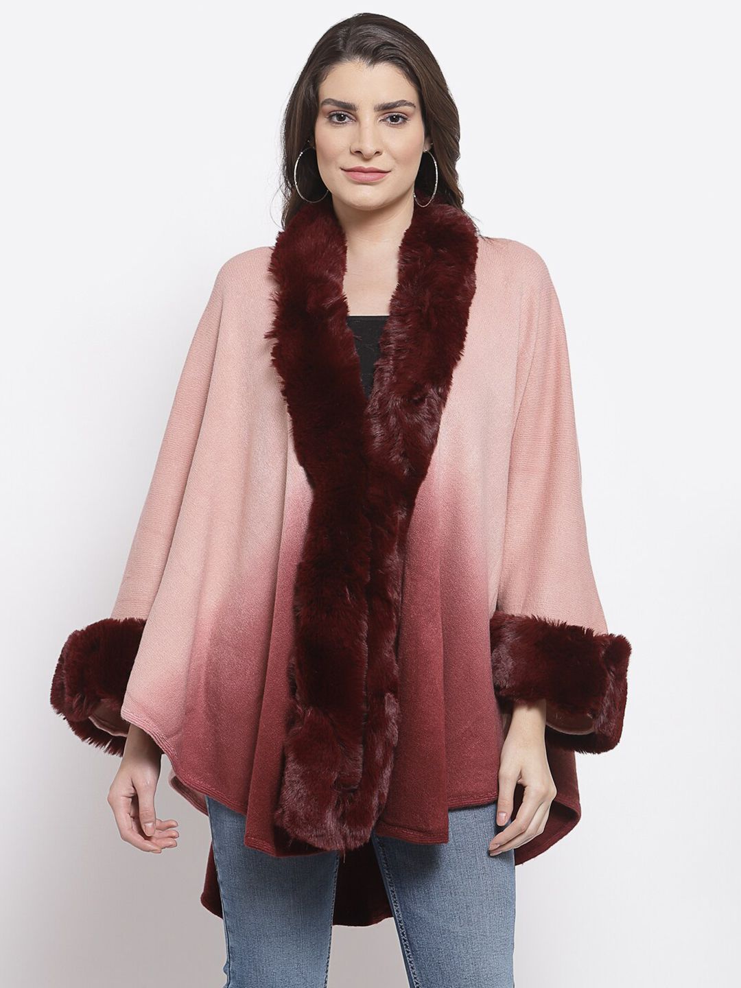 Mafadeny Women Maroon & Pink Ombre-Dyed Poncho with Fuzzy Detail Price in India