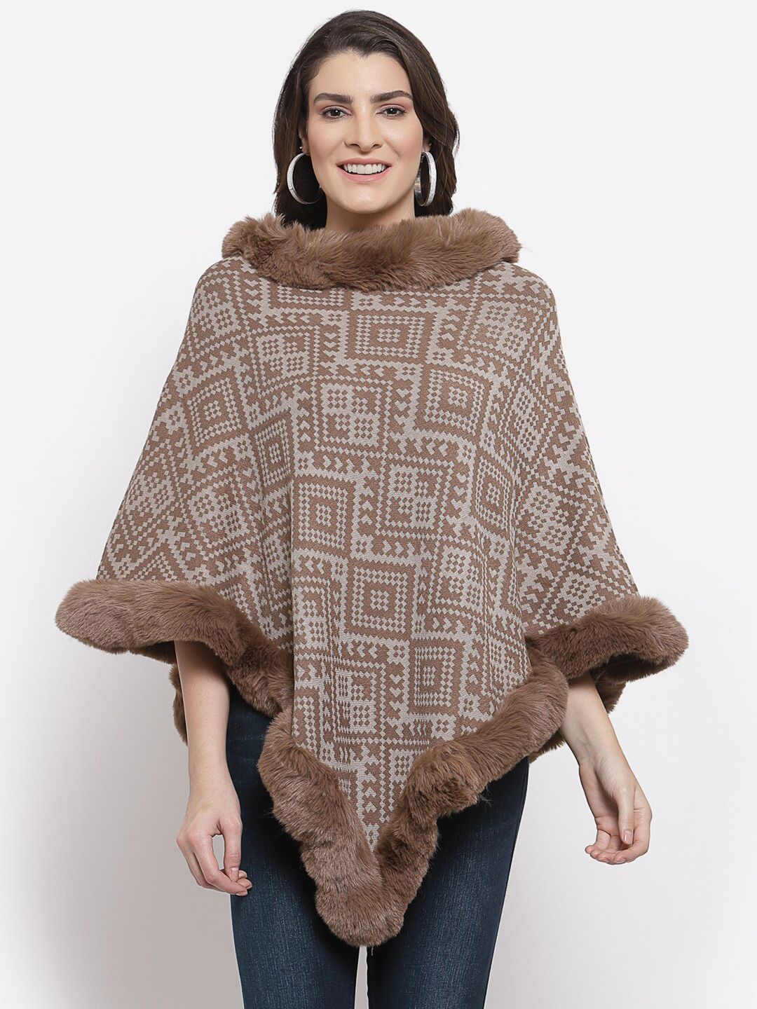 Mafadeny Women Brown Self Design Fur Poncho Price in India