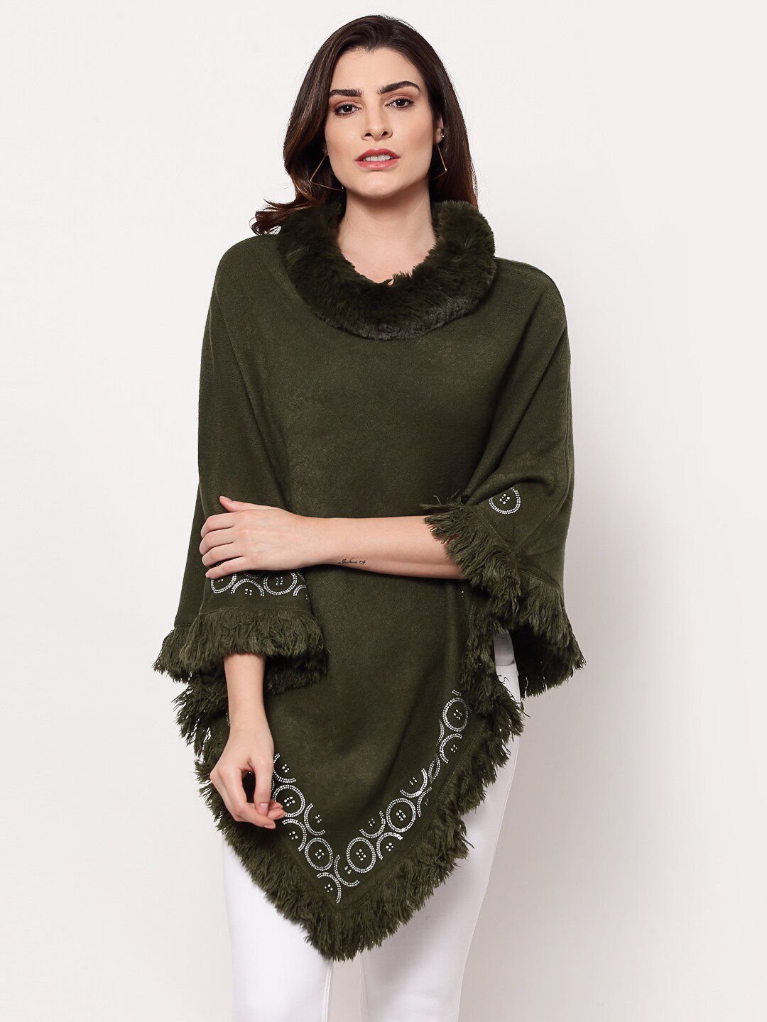 Mafadeny Women Green & Silver-Toned Solid Poncho with Fuzzy Detail Price in India