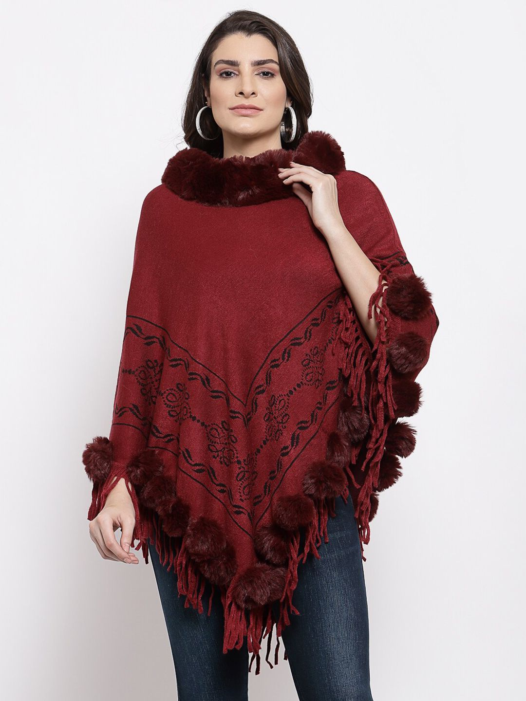 Mafadeny Women Maroon & Black Printed Asymmetric Poncho with Fringed Detail Price in India