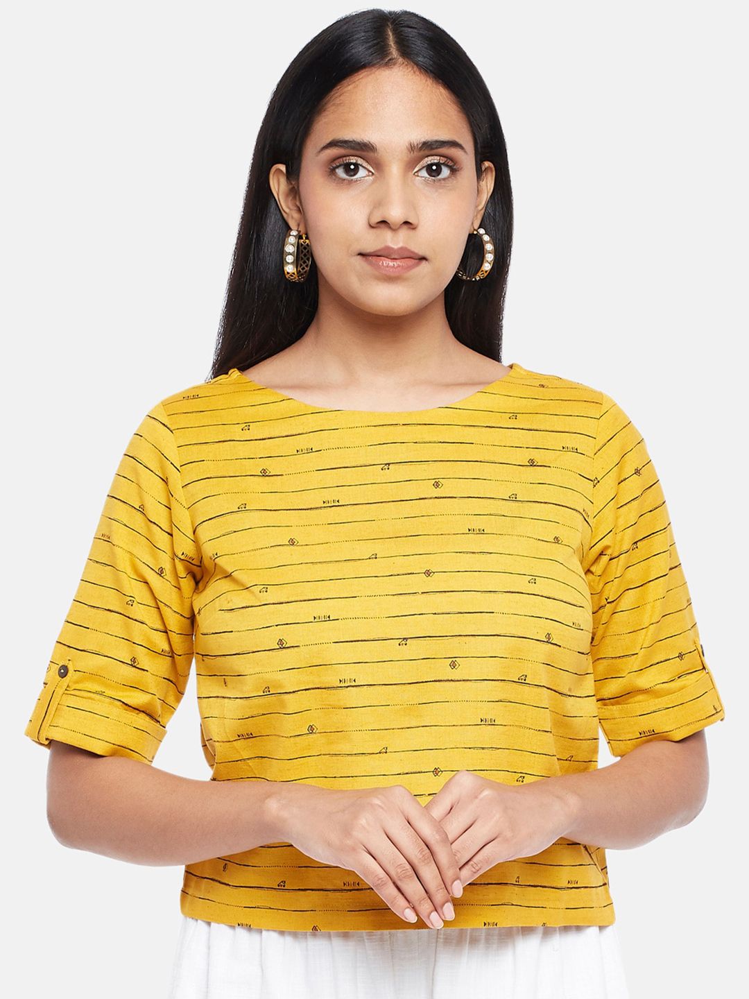AKKRITI BY PANTALOONS Mustard Yellow & Black Striped Regular Top