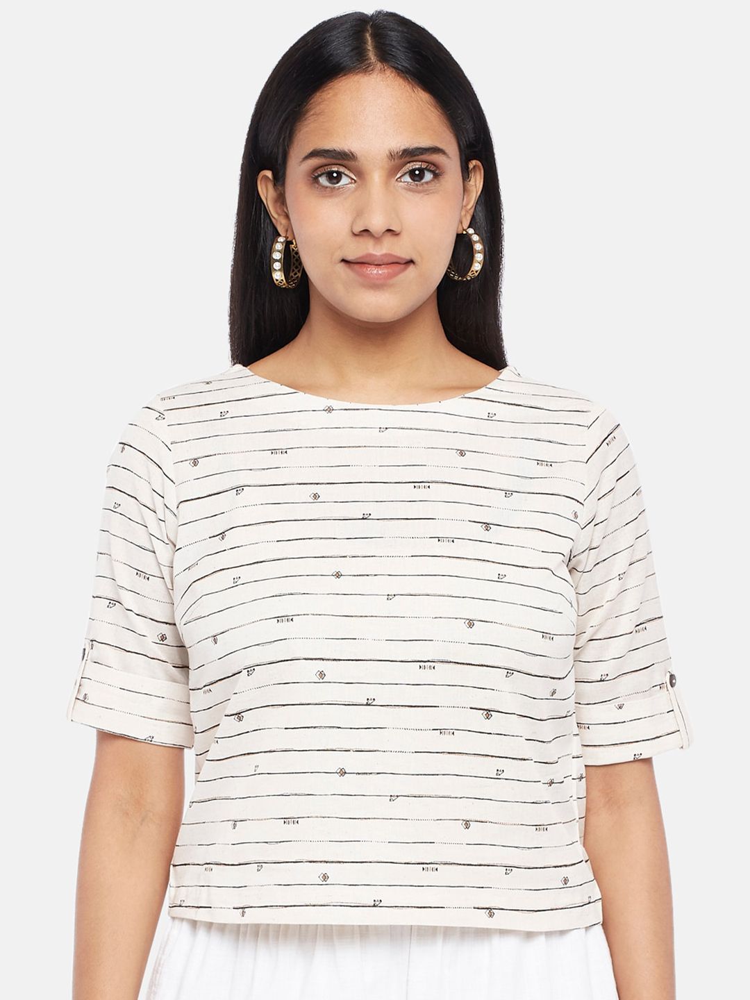AKKRITI BY PANTALOONS Off White & Black Striped Regular Top