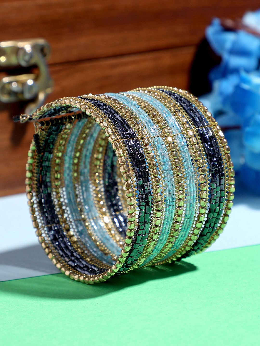 Blueberry Women Blue Gold-Plated Beaded Cuff Bracelet Price in India