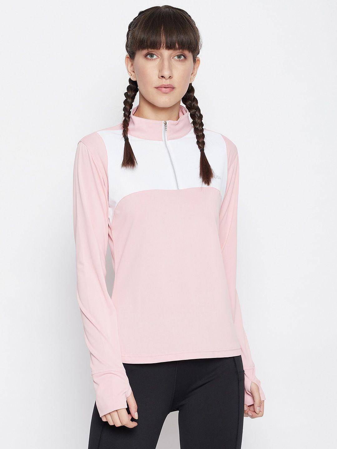 JUMP USA Women Pink & White Colourblocked High Neck T-shirt Price in India